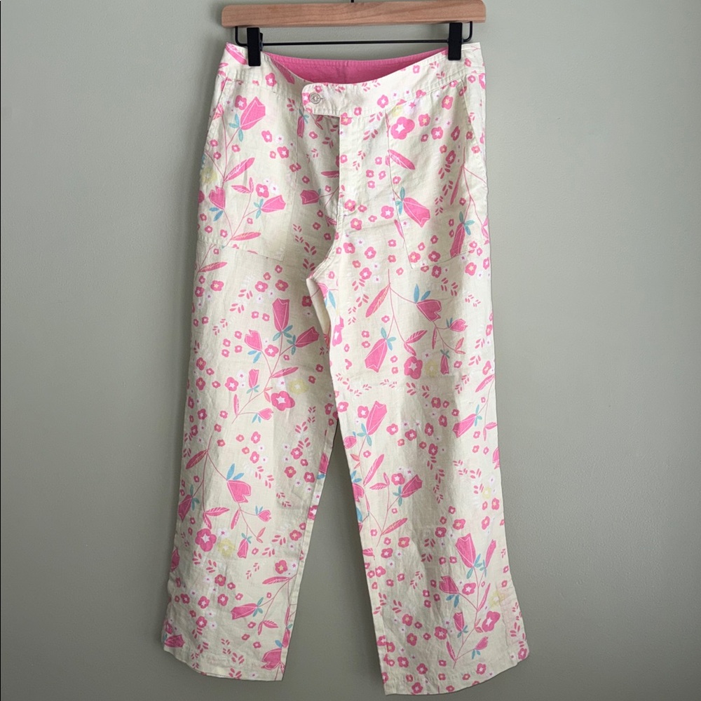 Sigrid Olsen So Blue Linen Pants floral print cropped straight leg Size 4